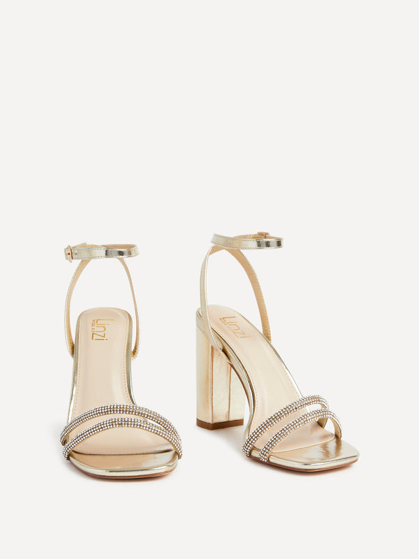 Linzi Wide Fit Gold Faux Leather Double Diamante Strap Block Heeled Sandal