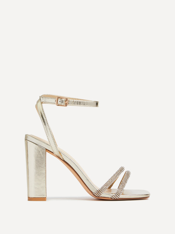 linzi Wide Fit Gold Faux Leather Double Diamante Strap Block Heeled Sandal