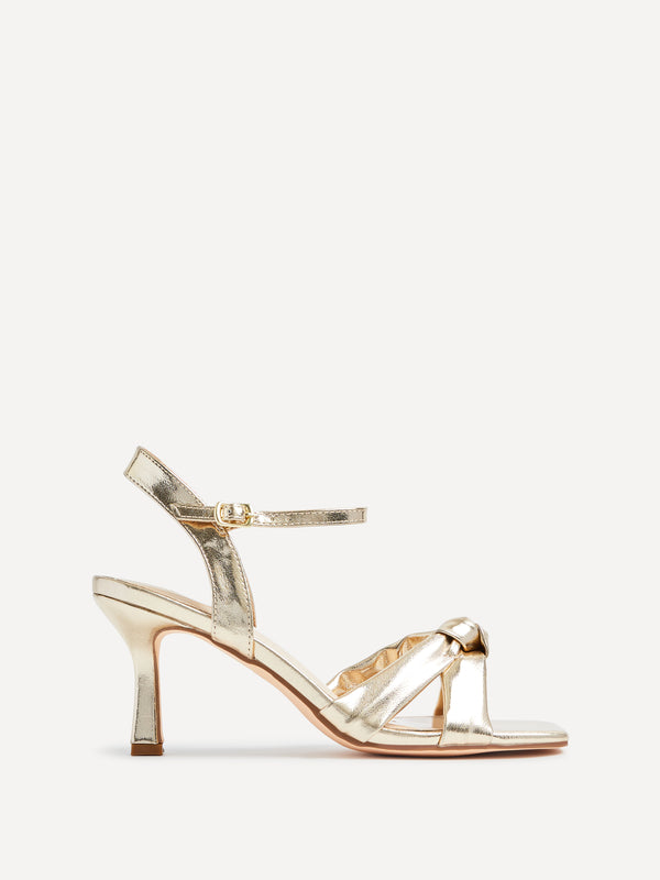 Linzi Wide Fit Gold Faux Leather Knotted Heeled Sandal