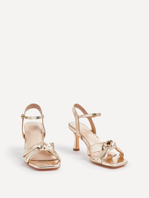 Linzi Wide Fit Gold Faux Leather Knotted Heeled Sandal