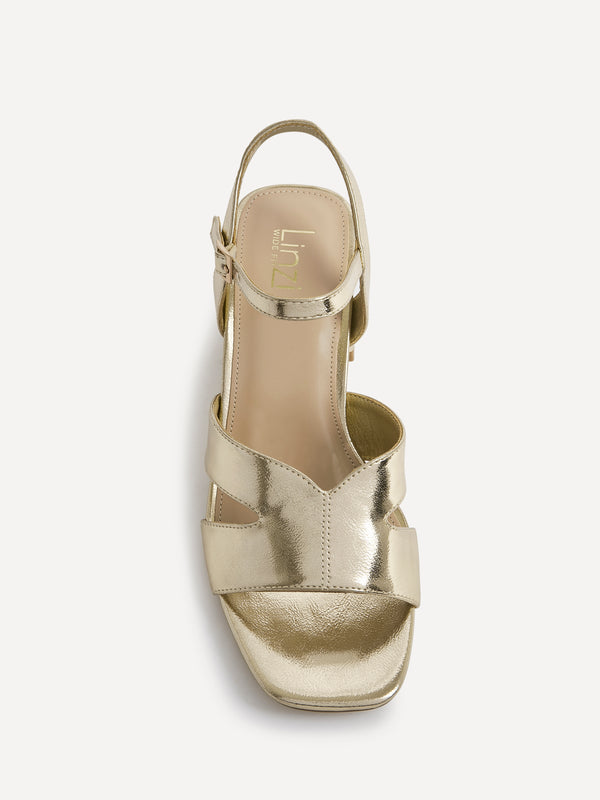 Linzi Wide Fit Gold Faux Leather Link Detail Block Heels