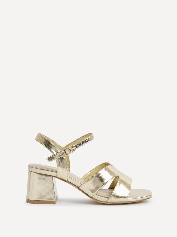 Linzi Wide Fit Gold Faux Leather Link Detail Block Heels