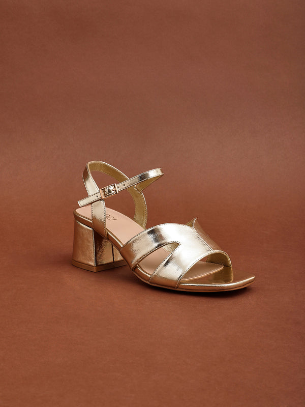 linzi Wide Fit Gold Faux leather Link Detail Block Heels