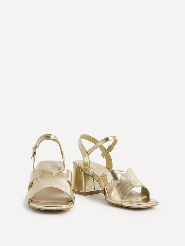 Linzi Wide Fit Gold Faux Leather Link Detail Block Heels