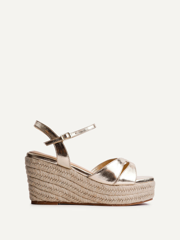 Linzi Wide Fit Gold Faux Leather Linked Design Wedges