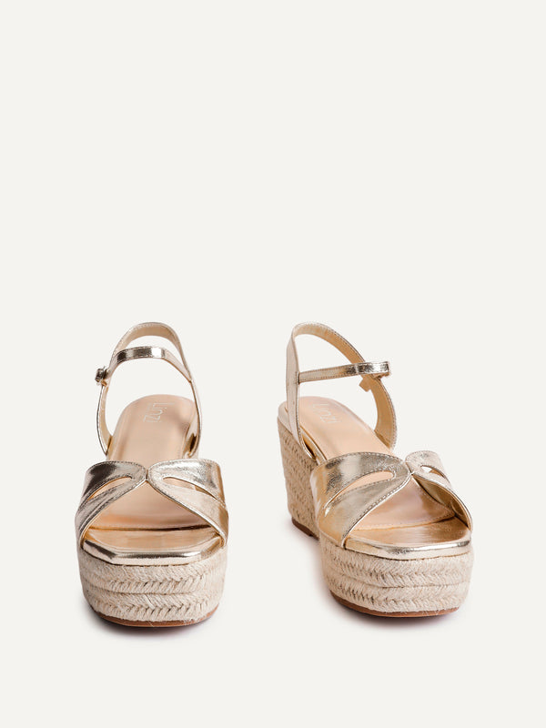 Linzi Wide Fit Gold Faux Leather Linked Design Wedges