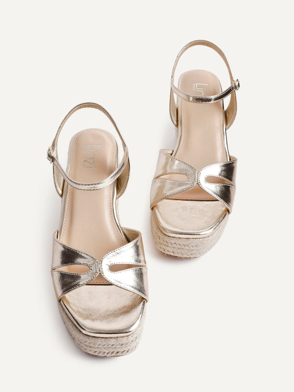 Linzi Wide Fit Gold Faux Leather Linked Design Wedges