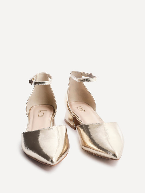 Linzi Wide Fit Gold Faux Leather Low Block Court Heel