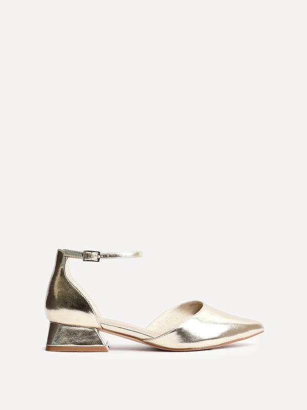 Linzi Wide Fit Gold Faux Leather Low Block Court Heel