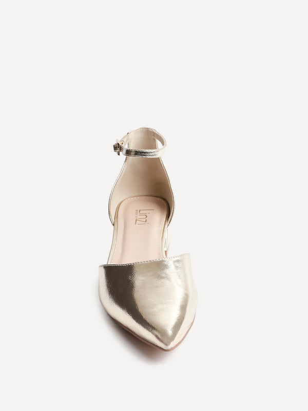Linzi Wide Fit Gold Faux Leather Low Block Court Heel