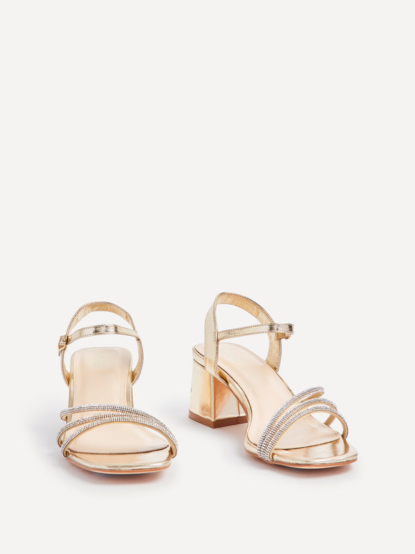 Linzi Wide Fit Gold Faux Leather Open Back Heel With Diamante Triple Front Straps