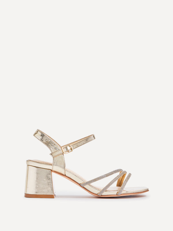 Linzi Wide Fit Gold Faux Leather Open Back Heel With Diamante Triple Front Straps