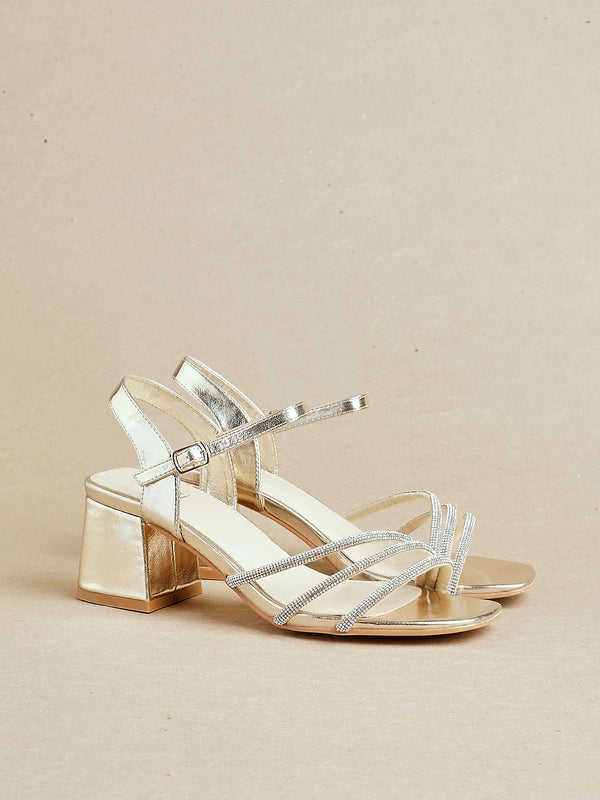 linzi Wide Fit Gold Faux Leather Open Back Heel With Diamante Triple Front Straps