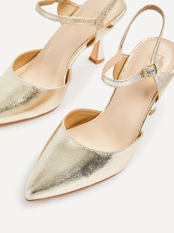 Linzi Wide Fit Gold Faux Leather Open Back Stiletto Court Heel