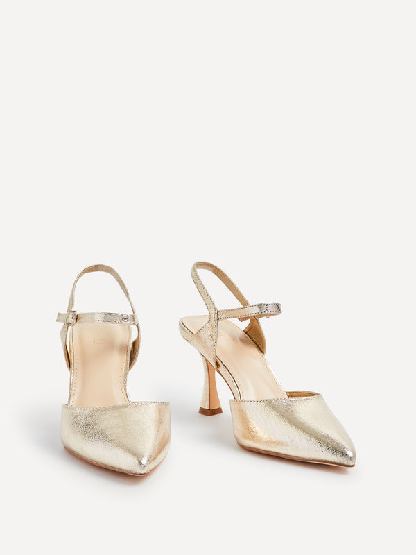 Linzi Wide Fit Gold Faux Leather Open Back Stiletto Court Heel