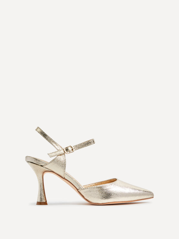 linzi Wide Fit Gold Faux Leather Open Back Stiletto Court Heel