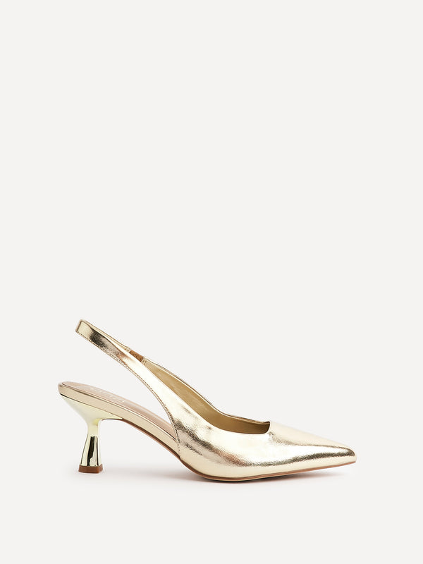 Linzi Wide Fit Gold Faux Leather Sling Back Low Court Heel