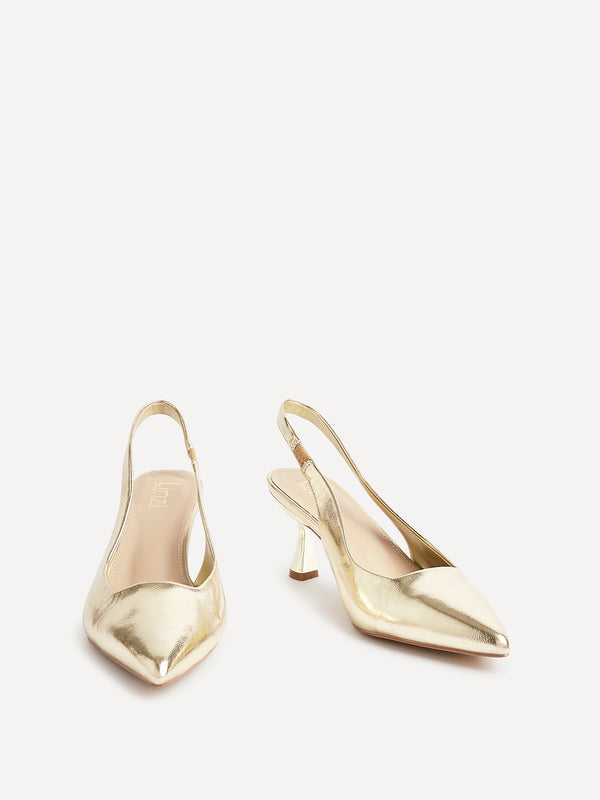 Linzi Wide Fit Gold Faux Leather Sling Back Low Court Heel