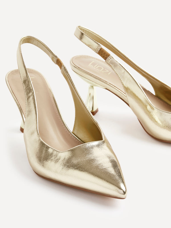 Linzi Wide Fit Gold Faux Leather Sling Back Low Court Heel