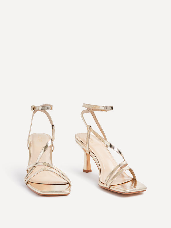 Linzi Wide Fit Gold Faux Leather Strappy Square Toe Heeled Sandal