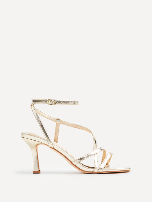 Linzi Wide Fit Gold Faux Leather Strappy Square Toe Heeled Sandal