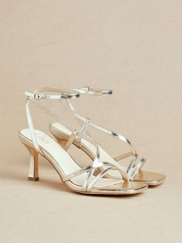 linzi Wide Fit Gold Faux Leather Strappy Square Toe Heeled Sandal