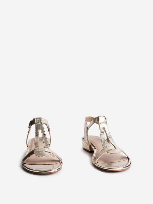 Linzi Wide Fit Gold Faux Leather T-Bar Looped Low Heeled Sandal
