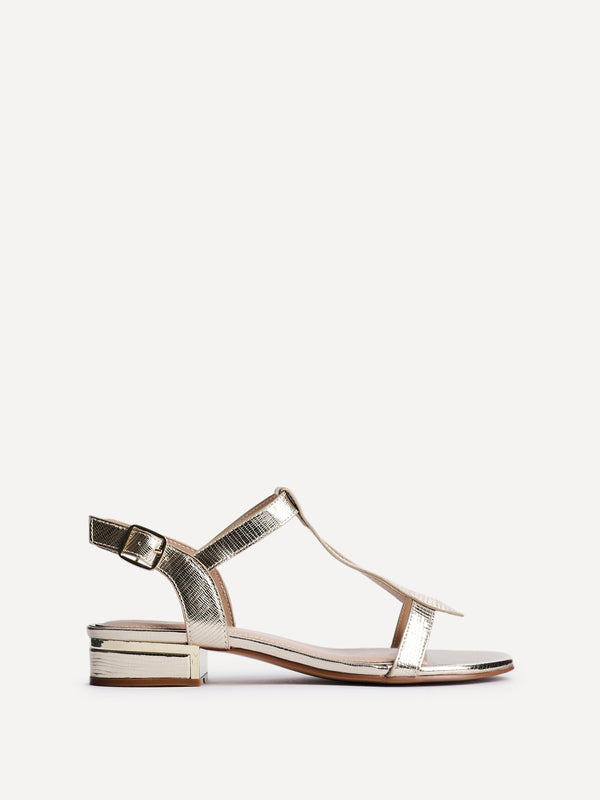 Linzi Wide Fit Gold Faux Leather T-Bar Looped Low Heeled Sandal