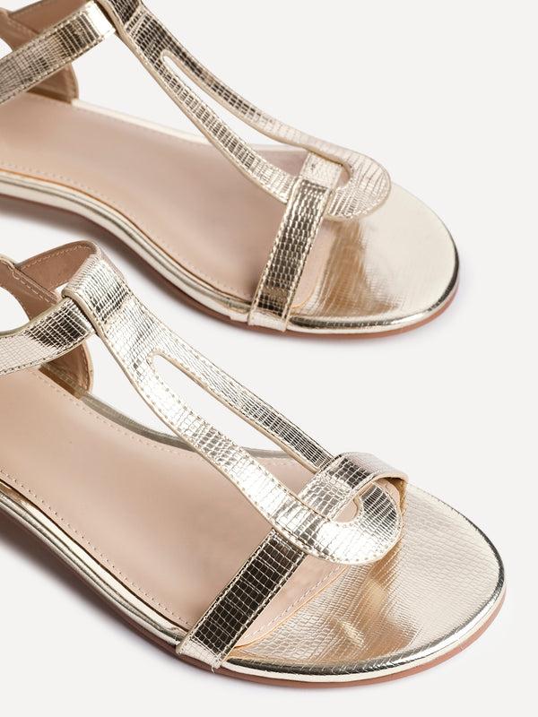 Linzi Wide Fit Gold Faux Leather T-Bar Looped Low Heeled Sandal