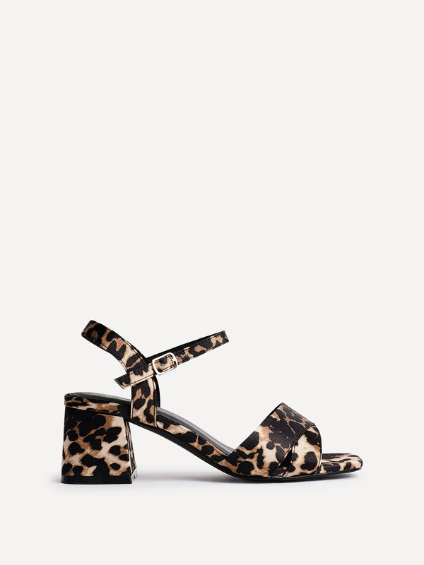 Linzi Wide Fit Leopard Print Satin Block Heeled Sandals