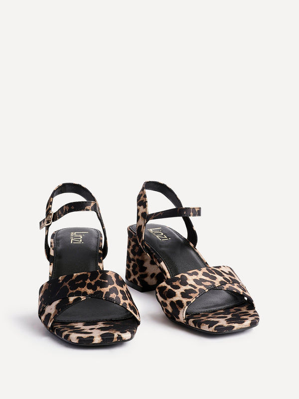 Linzi Wide Fit Leopard Print Satin Block Heeled Sandals