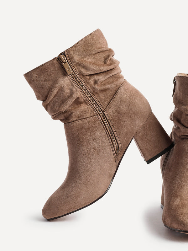 Linzi Wide Fit Mocha Faux Suede Ruched Heeled Ankle Boot