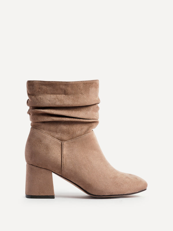Linzi Wide Fit Mocha Faux Suede Ruched Heeled Ankle Boot
