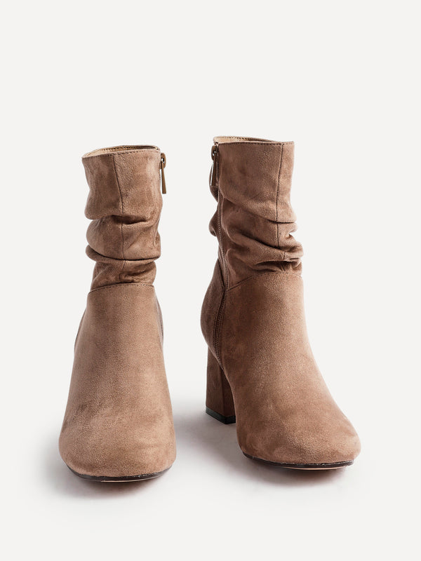 Linzi Wide Fit Mocha Faux Suede Ruched Heeled Ankle Boot