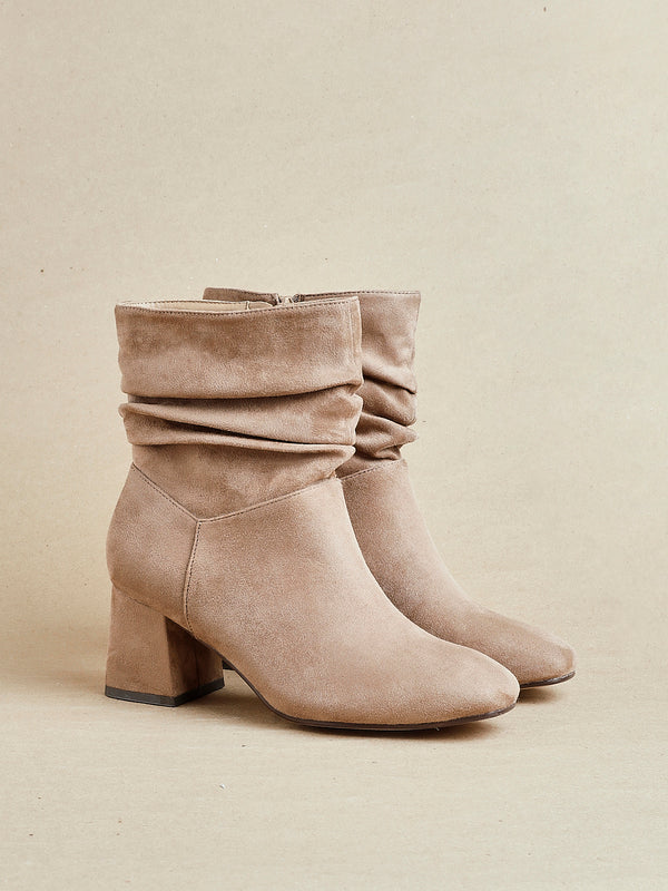 linzi Wide Fit Mocha Faux Suede Ruched Heeled Ankle Boot