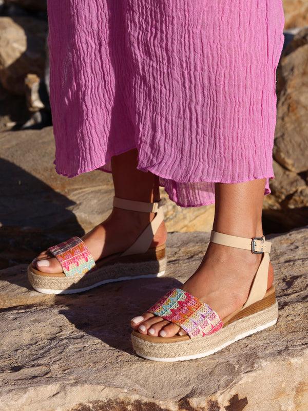 linzi Wide Fit Multi Coloured Raffia Flatform Sandal