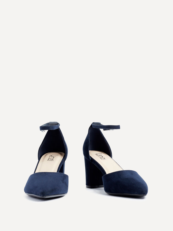 Linzi Wide Fit Navy Faux Suede Court Heel With Ankle Strap