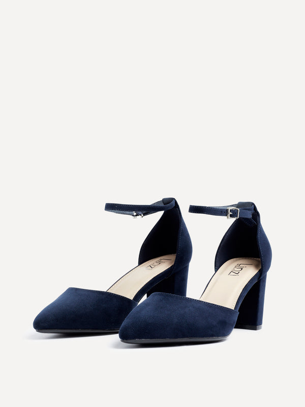 Linzi Wide Fit Navy Faux Suede Court Heel With Ankle Strap