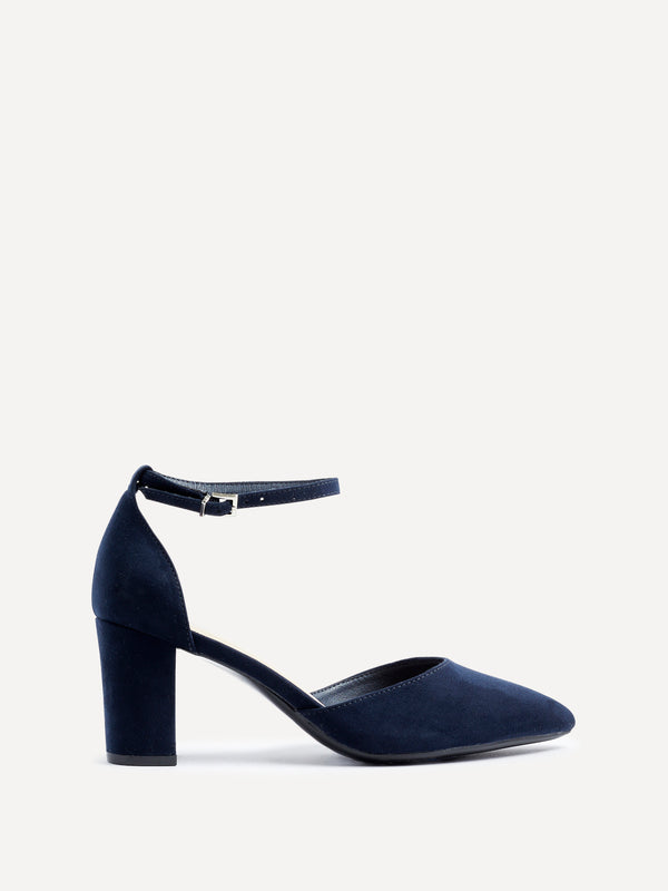 linzi Wide Fit Navy Faux Suede Court Heel With Ankle Strap