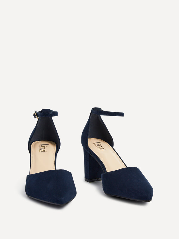 Linzi Wide Fit Navy Faux Suede Court Shoe With Block Heel