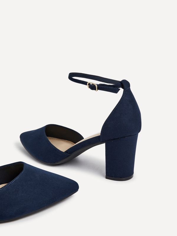 Linzi Wide Fit Navy Faux Suede Court Shoe With Block Heel