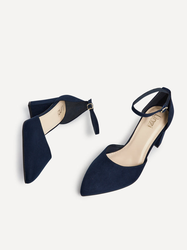 Linzi Wide Fit Navy Faux Suede Court Shoe With Block Heel