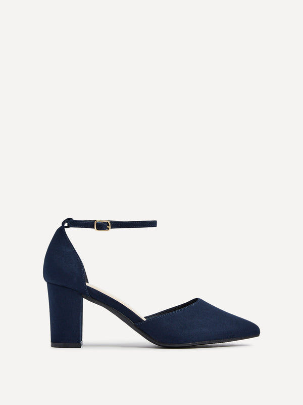 linzi Wide Fit Navy Faux Suede Court Shoe With Block Heel