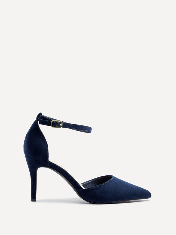 Linzi Wide Fit Navy Faux Suede Stiletto Court Heel With Ankle Strap