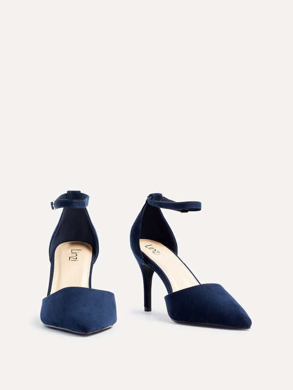 Linzi Wide Fit Navy Faux Suede Stiletto Court Heel With Ankle Strap