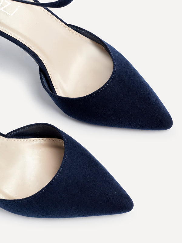 Linzi Wide Fit Navy Faux Suede Stiletto Court Heel With Ankle Strap