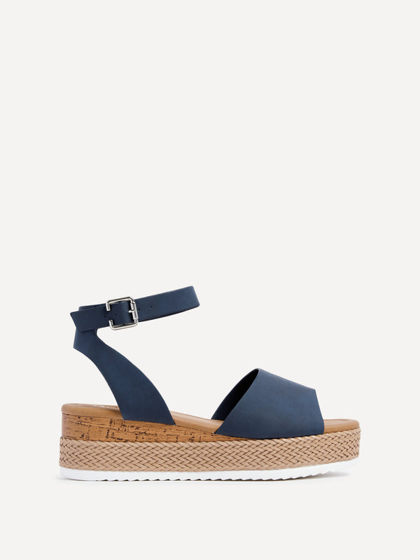 Linzi Wide Fit Navy Flatform Sandal With Plaited & Cork Wedge