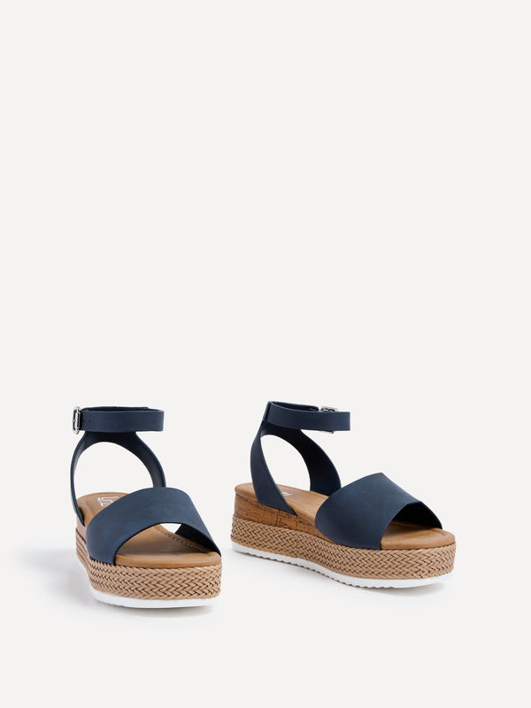Linzi Wide Fit Navy Flatform Sandal With Plaited & Cork Wedge