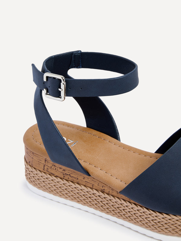 Linzi Wide Fit Navy Flatform Sandal With Plaited & Cork Wedge
