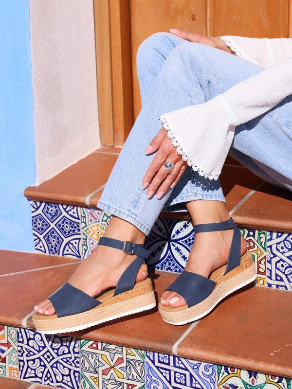 linzi Wide Fit Navy Flatform Sandal With Plaited & Cork Wedge